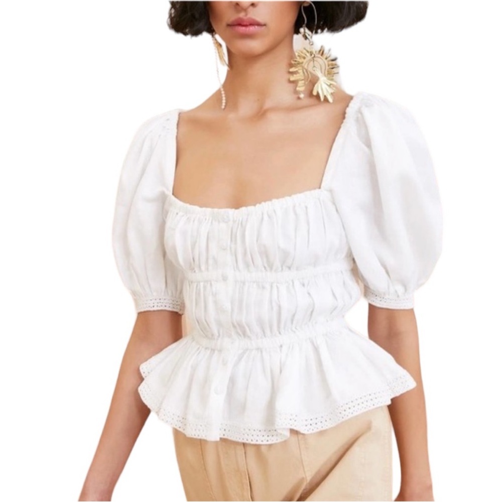 ULLA JOHNSON Linen Harley Crochet Trimmed Top White Size 6